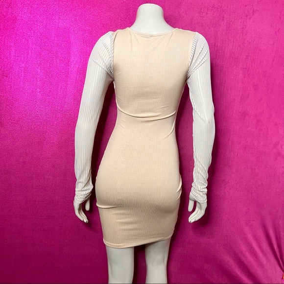 SOLD/Nude Mesh Sleeve Detail Dress with Diamond Brooch Ribbed Bodycon Dress - Picture 10 of 16